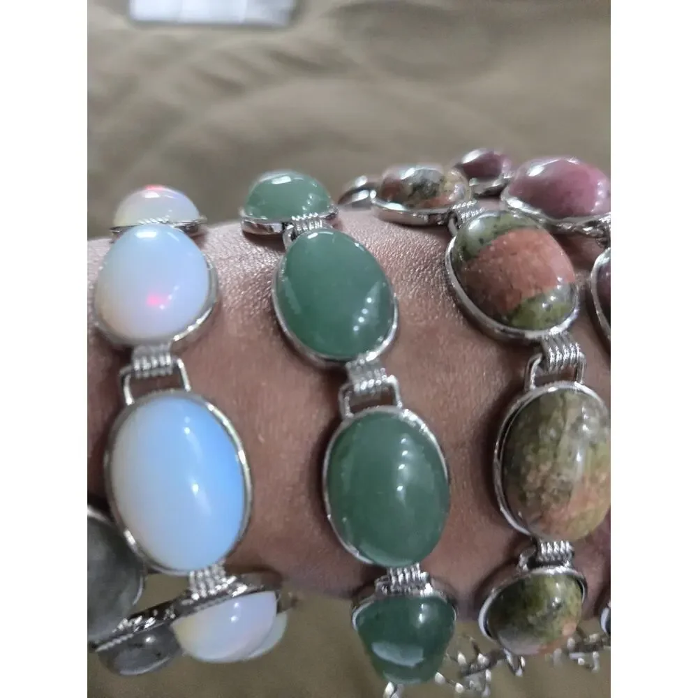 Lot 5 Boho gemstone Costume Stone beaded Bracelets Silvertone adjustable